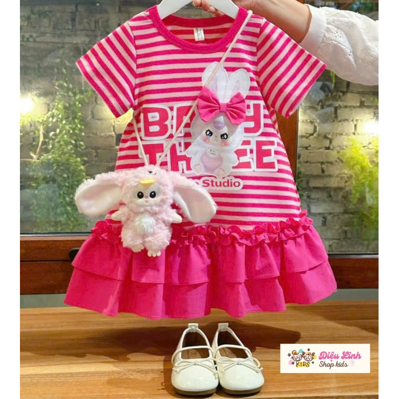 Váy kẻ cotton hoạ tiết baby three, phối bèo đuôi cá size 8-36kg DL60( không kèm phụ kiện túi baby three)