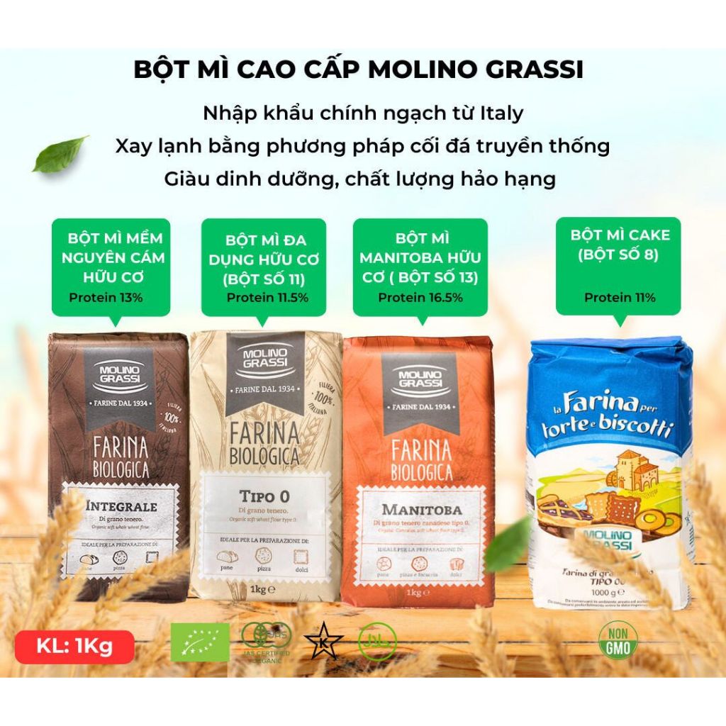 Bột mì hữu cơ Molino Grassi Bột số 8, số 11, 13 (cake, đa dụng, manitoba, nguyên cám)