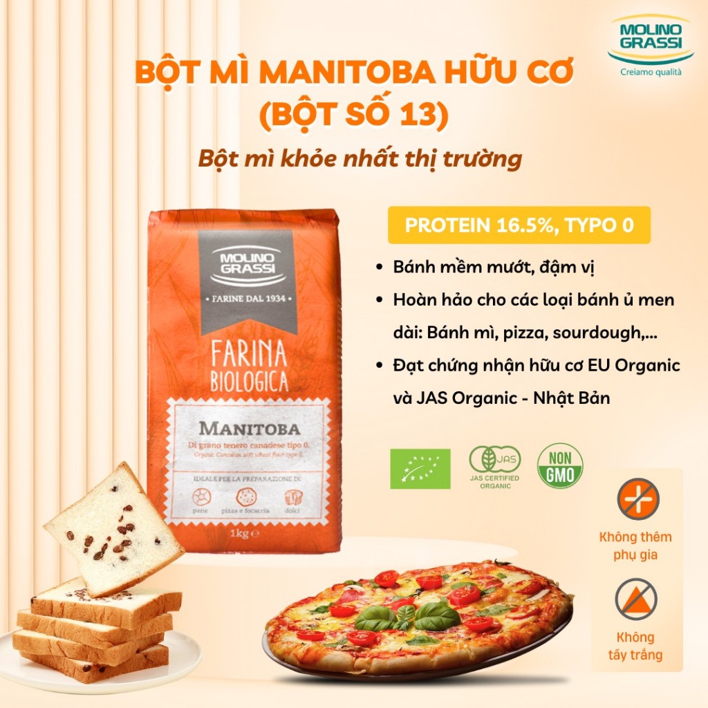 Bột mì hữu cơ Molino Grassi Bột số 8, số 11, 13 (cake, đa dụng, manitoba, nguyên cám)