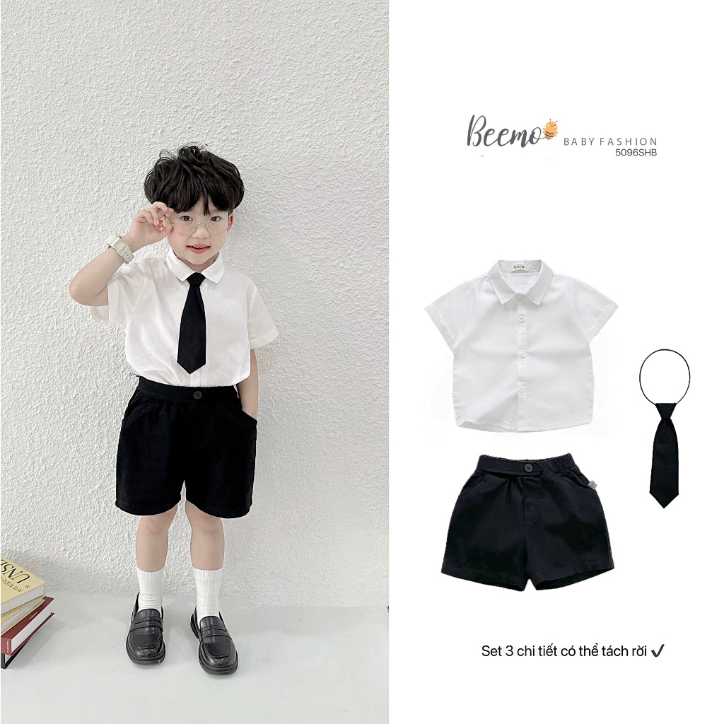 Bộ sơ mi trắng cộc tay (tặng kèm cavat) phối quần kaki cho bé trai, bộ sơ mi cộc tay công tử bé trai 5096SHB