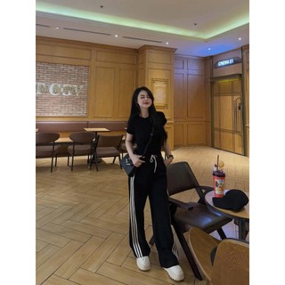 Set Bộ Thun Trơn Phối Sọc Áo Body Zip Tôn Dáng Mix Quần Suông Dáng Rộng Kẻ Sọc Viền Freesize