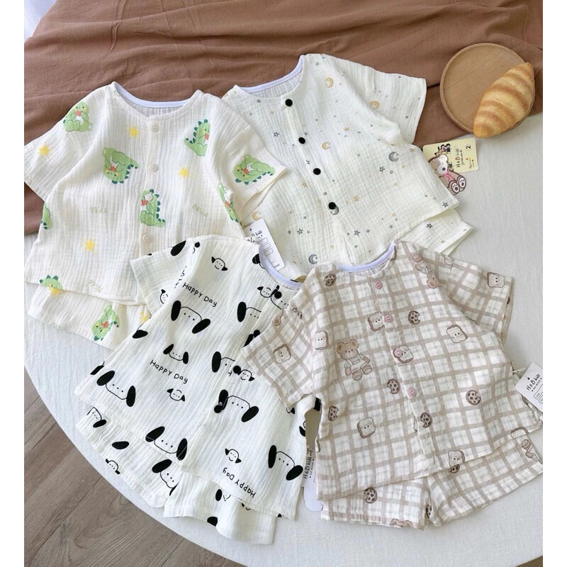 Bộ Xô Hàn Muslin Cộc Tay Cho Bé Trai/ Bé Gái, Cài Cúc Thoáng Mát, Mềm Mịn Liena’S Closet