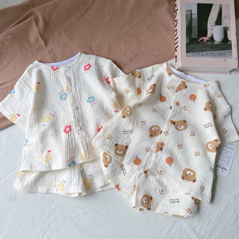 Bộ Xô Hàn Muslin Cộc Tay Cho Bé Trai/ Bé Gái, Cài Cúc Thoáng Mát, Mềm Mịn Liena’S Closet