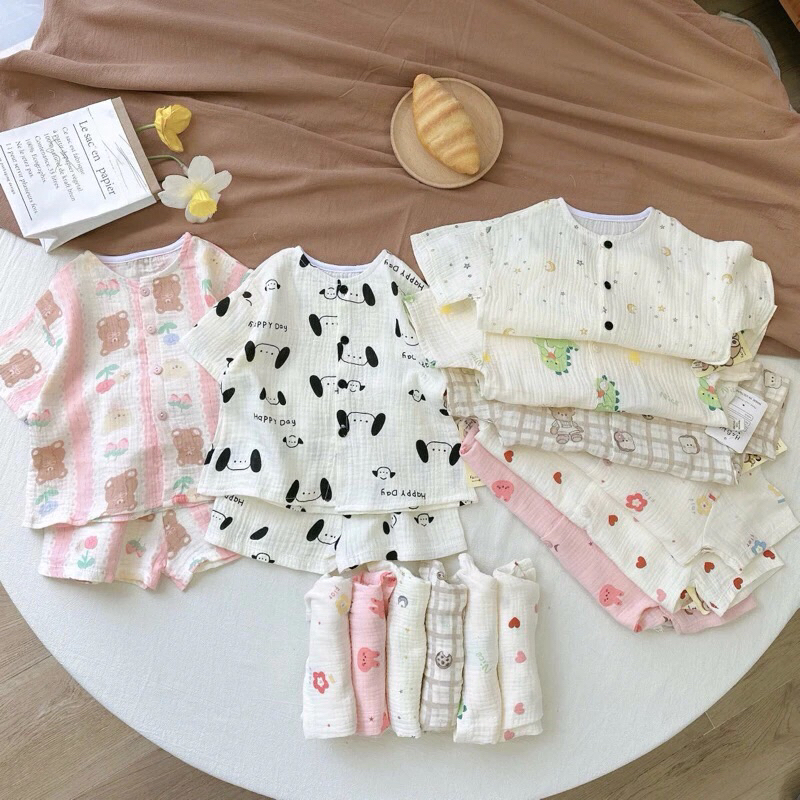 Bộ Xô Hàn Muslin Cộc Tay Cho Bé Trai/ Bé Gái, Cài Cúc Thoáng Mát, Mềm Mịn Liena’S Closet