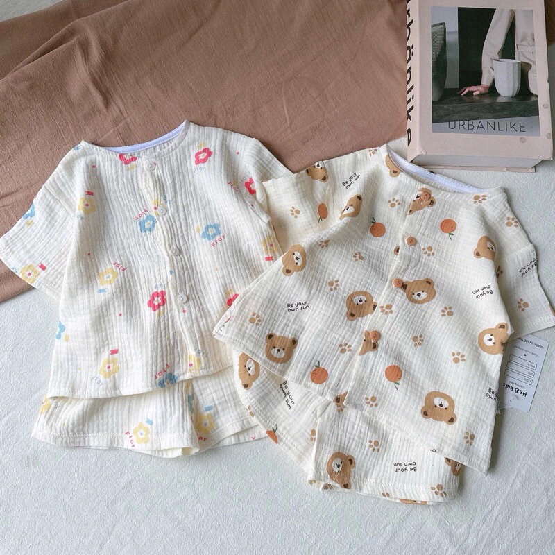 Bộ Xô Hàn Muslin Cộc Tay Cho Bé Trai/ Bé Gái, Cài Cúc Thoáng Mát, Mềm Mịn Liena’S Closet