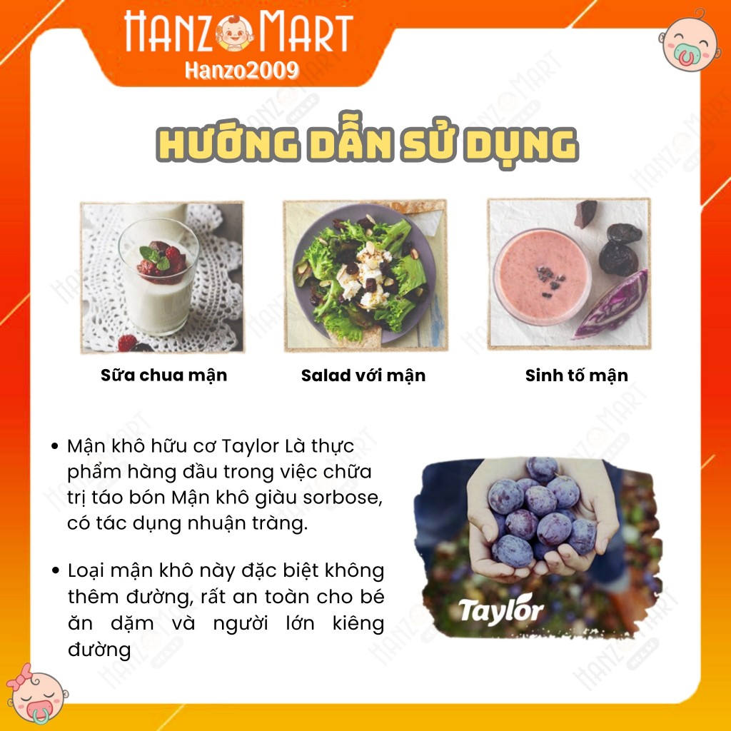 Mận khô hữu cơ thiên nhiên Taylor 50g & 250gr cho bé ăn dặm - hanzomart