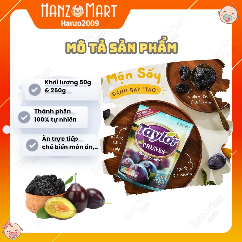 Mận khô hữu cơ thiên nhiên Taylor 50g & 250gr cho bé ăn dặm - hanzomart
