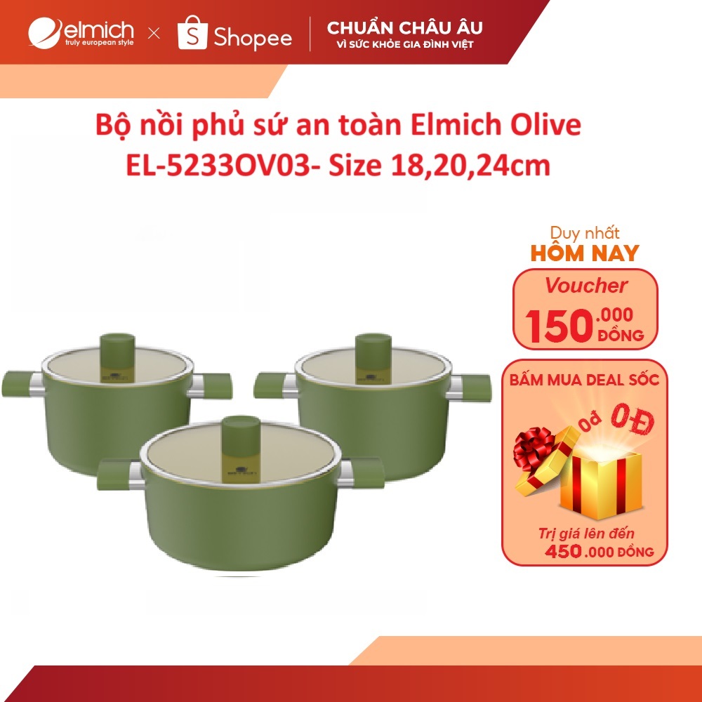 Bộ nồi phủ sứ an toàn Elmich Olive EL-5220/5233OV03- Size 18,20,24cm