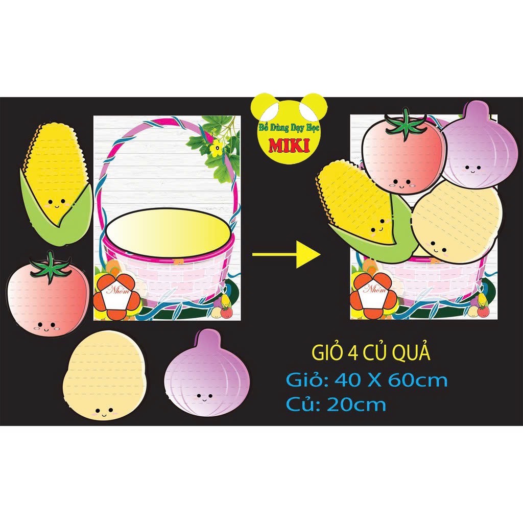 Giỏ 4 củ quả ép plastic có sẵn gai dính (Đồ Dùng Dạy Học)