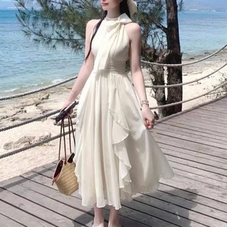 Đầm voan thời trang nữ cổ yếm cột nơ chân váy dài nhúng bèo ôm eo tôn dáng phong cách nhẹ nhàng basic cho nàng đi biển