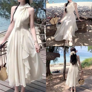 Đầm voan thời trang nữ cổ yếm cột nơ chân váy dài nhúng bèo ôm eo tôn dáng phong cách nhẹ nhàng basic cho nàng đi biển