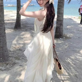 Đầm voan thời trang nữ cổ yếm cột nơ chân váy dài nhúng bèo ôm eo tôn dáng phong cách nhẹ nhàng basic cho nàng đi biển