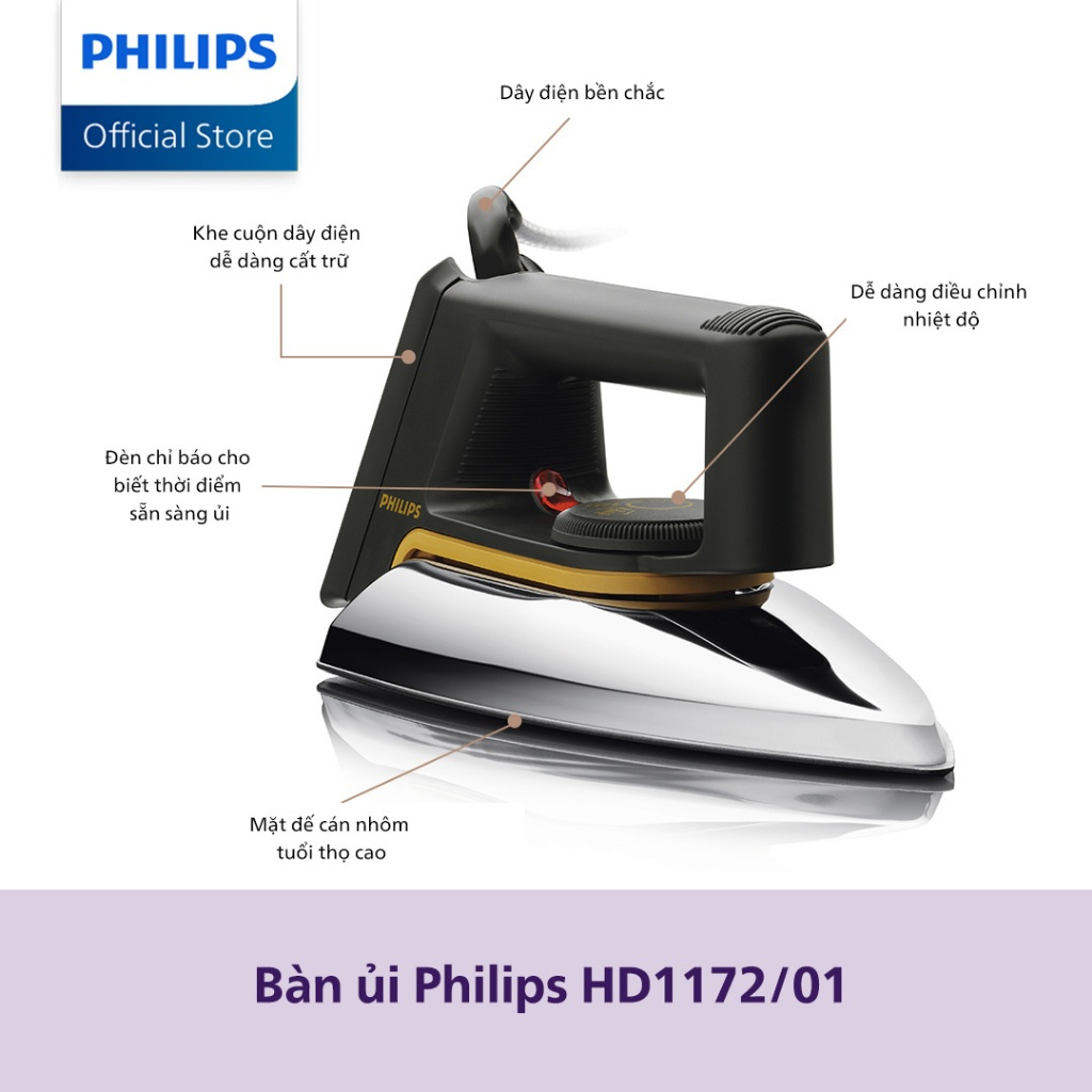 Bàn Ủi Khô Philips HD1172 1000W Ủi Phẳng Quần Áo - Chính Hãng,Bảo Hành 2 Năm