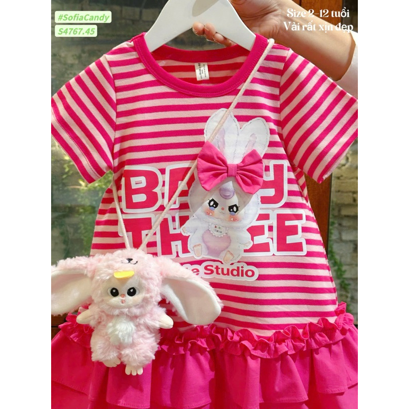 Váy kẻ cotton hoạ tiết baby three, phối bèo đuôi cá size 8-36kg DL60( không kèm phụ kiện túi baby three)