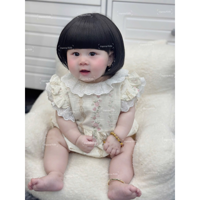 Bodysuit Cộc Cổ Tròn Phối Ren Tay Bồng Mềm Mại, Đáng Yêu Cho Bé Gái Liena'S Closet