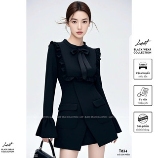 Set áo nơ cổ viền bèo dài tay và chân váy cao cấp LUST chất liệu dày dặn T834