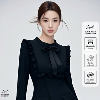Set áo nơ cổ viền bèo dài tay và chân váy cao cấp LUST chất liệu dày dặn T834