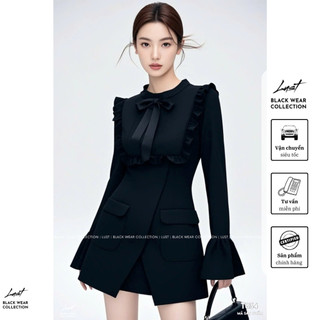 Set áo nơ cổ viền bèo dài tay và chân váy cao cấp LUST chất liệu dày dặn T834