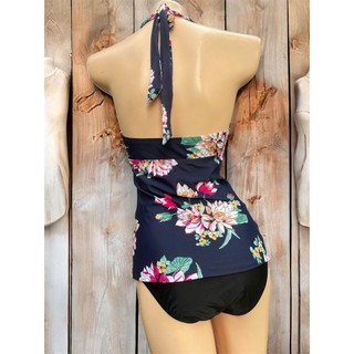 Áo bơi tankini kín đáo, che bụng, kín đáo có sẵn đệm ngực, màu xanh than phối hoa hàng VNXK cao cấp