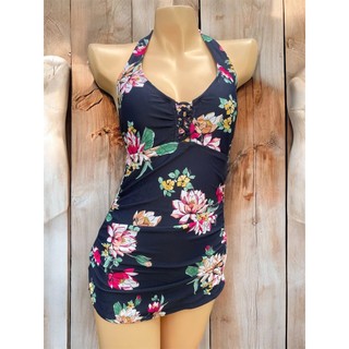 Áo bơi tankini kín đáo, che bụng, kín đáo có sẵn đệm ngực, màu xanh than phối hoa hàng VNXK cao cấp
