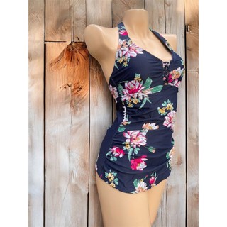 Áo bơi tankini kín đáo, che bụng, kín đáo có sẵn đệm ngực, màu xanh than phối hoa hàng VNXK cao cấp