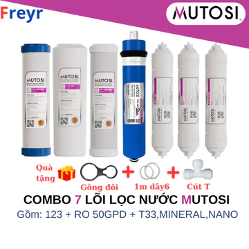 Combo 7 Lõi Lọc Nước Mutosi - Bộ Lõi Thô 1 2 3, Màng RO 50GPD, Lõi T33, Khoáng Min, Nano, Chính Hãng