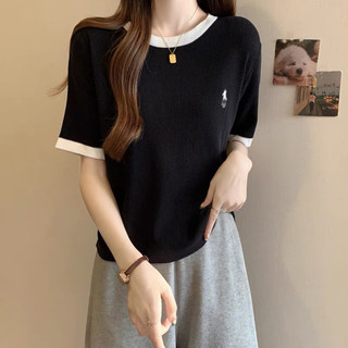 Áo len cổ tròn hoạ tiết ngựa thêu tay cộc tay pha, chất len mỏng mặc bốn mùa mã 856