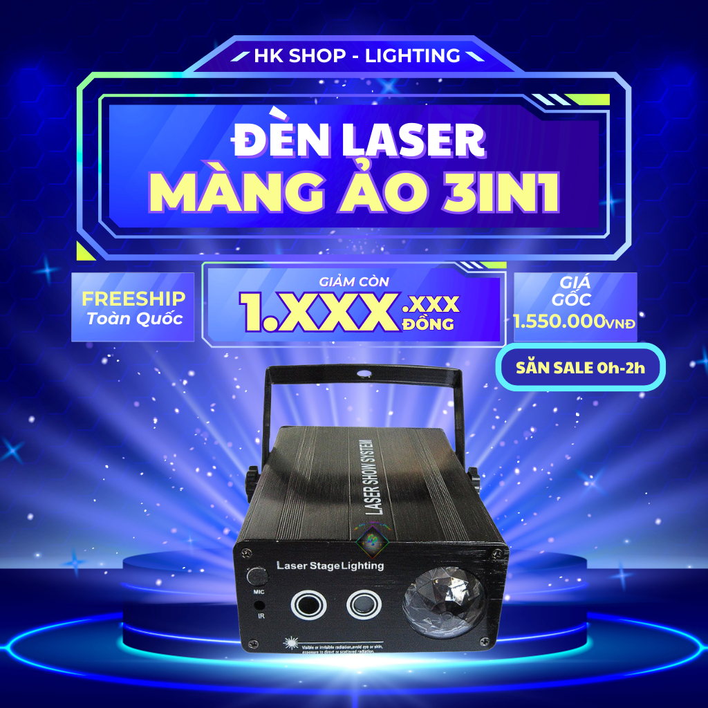 Đèn Laser Mini 3in1 Cảm Biến Âm Thanh Hiệu Ứng 3D Dùng Cho Phòng Karaoke, Bar, Sân khấu...