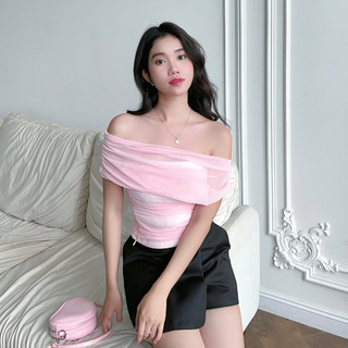 Áo Nữ Ôm Body Trễ Vai Nhún Ngực Cơ Bản Che Bắp Tay Tôn Dáng - WISSEL TOP - GOÛT DE JUN