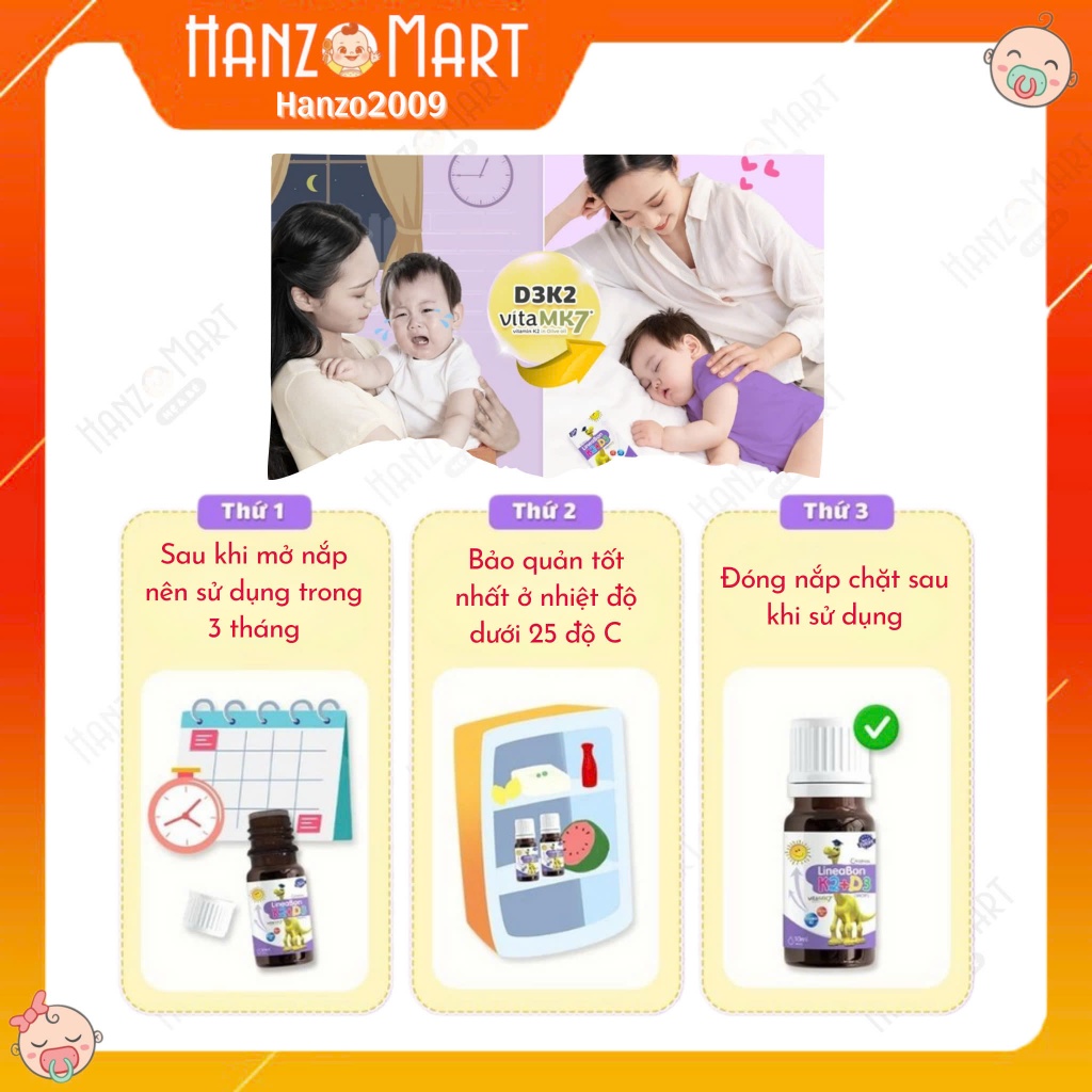 Lineabon d3 k2 cho trẻ sơ sinh siro bổ sung hấp thu canxi,tăng chiều cao cho bé (10ml)