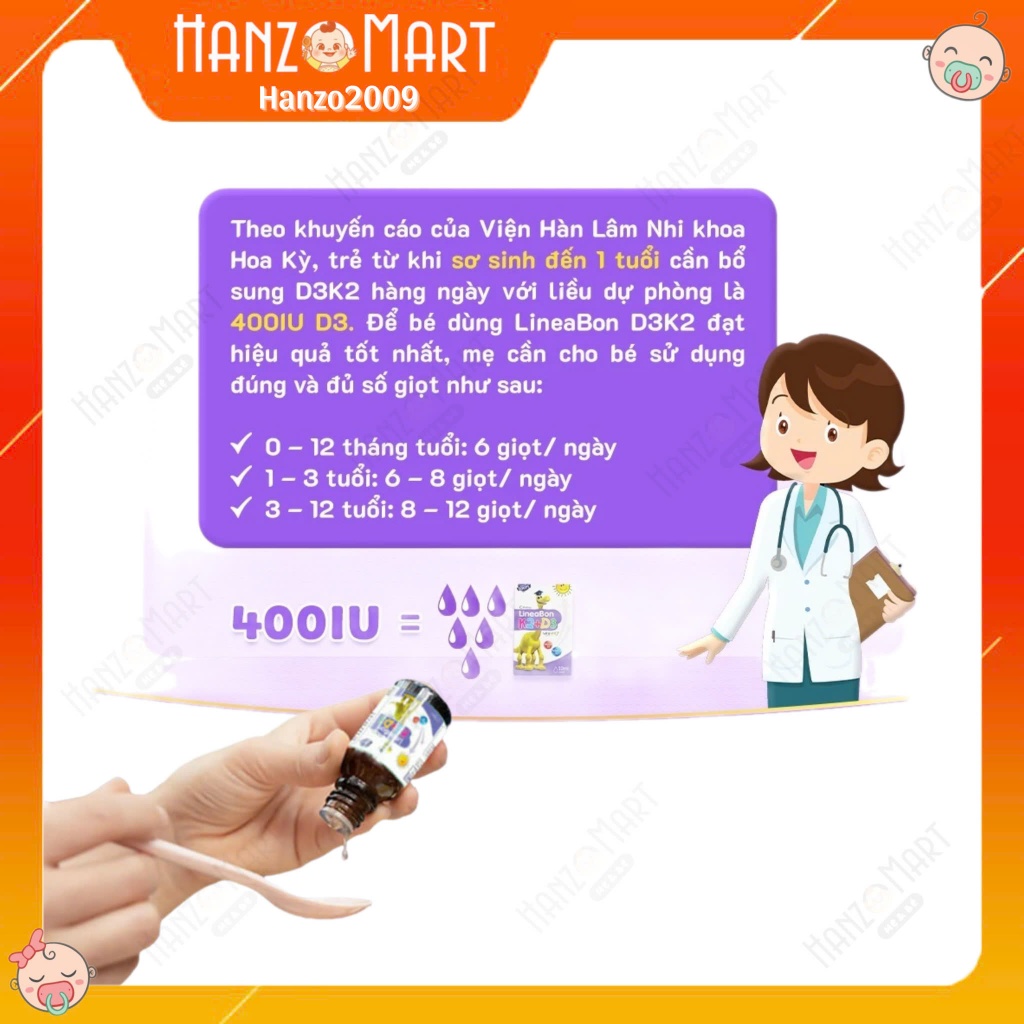 Lineabon d3 k2 cho trẻ sơ sinh siro bổ sung hấp thu canxi,tăng chiều cao cho bé (10ml)
