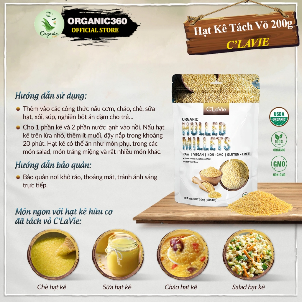 Ảnh Hạt Kê Hữu Cơ Đã Tách Vỏ C’LAVIE 200g Organic Hulled Millet 2