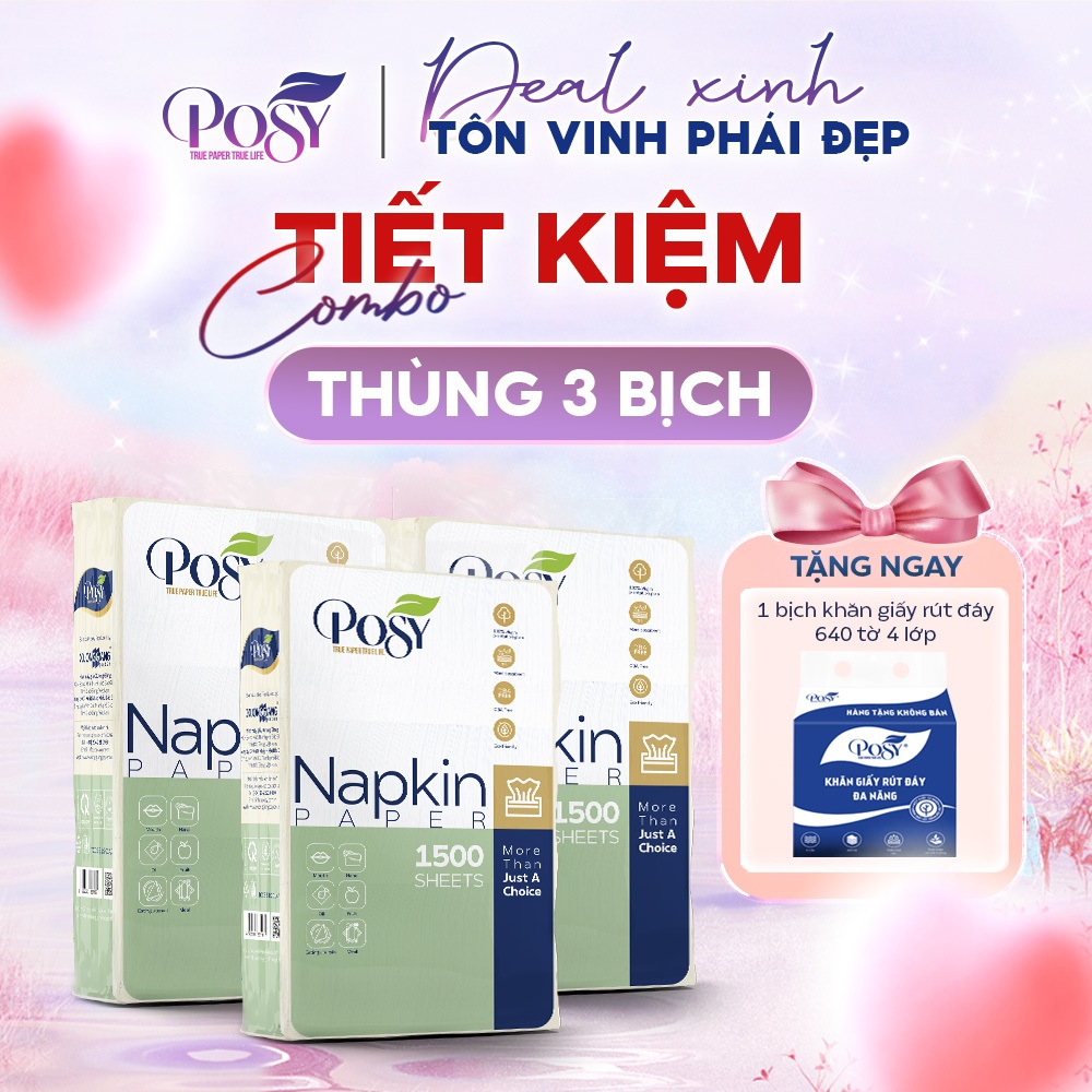 GIẤY ĂN RÚT POSY - Thùng 3 bịch Khăn giấy rút 1500 tờ 2 lớp, kích thước ...
