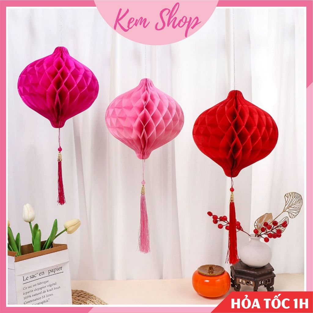 Đèn lồng tổ ong kèm tua rua trang trí lễ hội, đám cưới, trang trí phòng khách, decor quán - Kem Shop K75