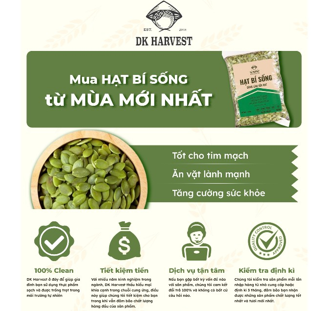Ảnh 500g Hạt Bí Sống DK Harvest, Nguồn Hàng Chất Lượng Cao - Thực Phẩm Giàu Kẽm 1