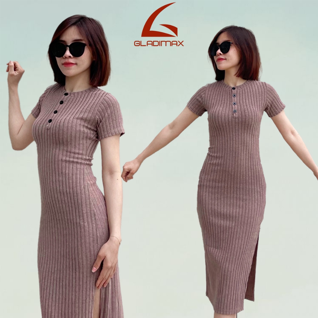 Váy Body Len Tăm V106 Thời trang Hottrend Gladimax, Váy Dáng Dài Co Giãn Cổ Tròn 4 Cúc Thanh Lịch Từ Size S–L