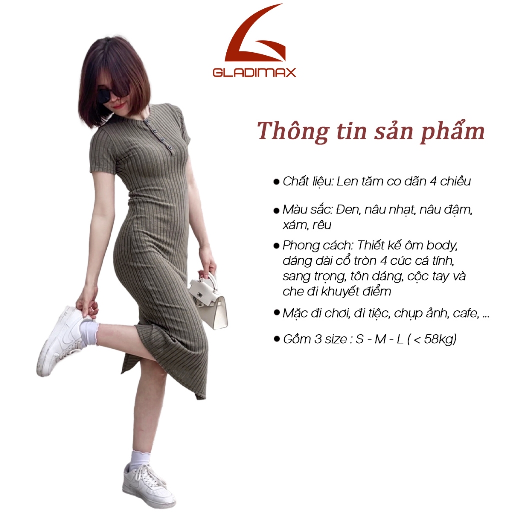 Váy Body Len Tăm V106 Thời trang Hottrend Gladimax, Váy Dáng Dài Co Giãn Cổ Tròn 4 Cúc Thanh Lịch Từ Size S–L