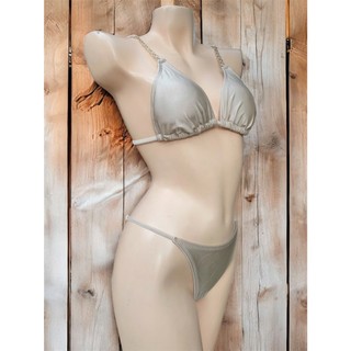 Size XL(65-70kg)Bikini 2 mảnh, bộ đồ bơi nữ màu nude ánh bạc, viền phối kim loại, có đệm ngực, dây buộc hàng NVXK