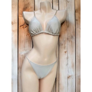 Size XL(65-70kg)Bikini 2 mảnh, bộ đồ bơi nữ màu nude ánh bạc, viền phối kim loại, có đệm ngực, dây buộc hàng NVXK