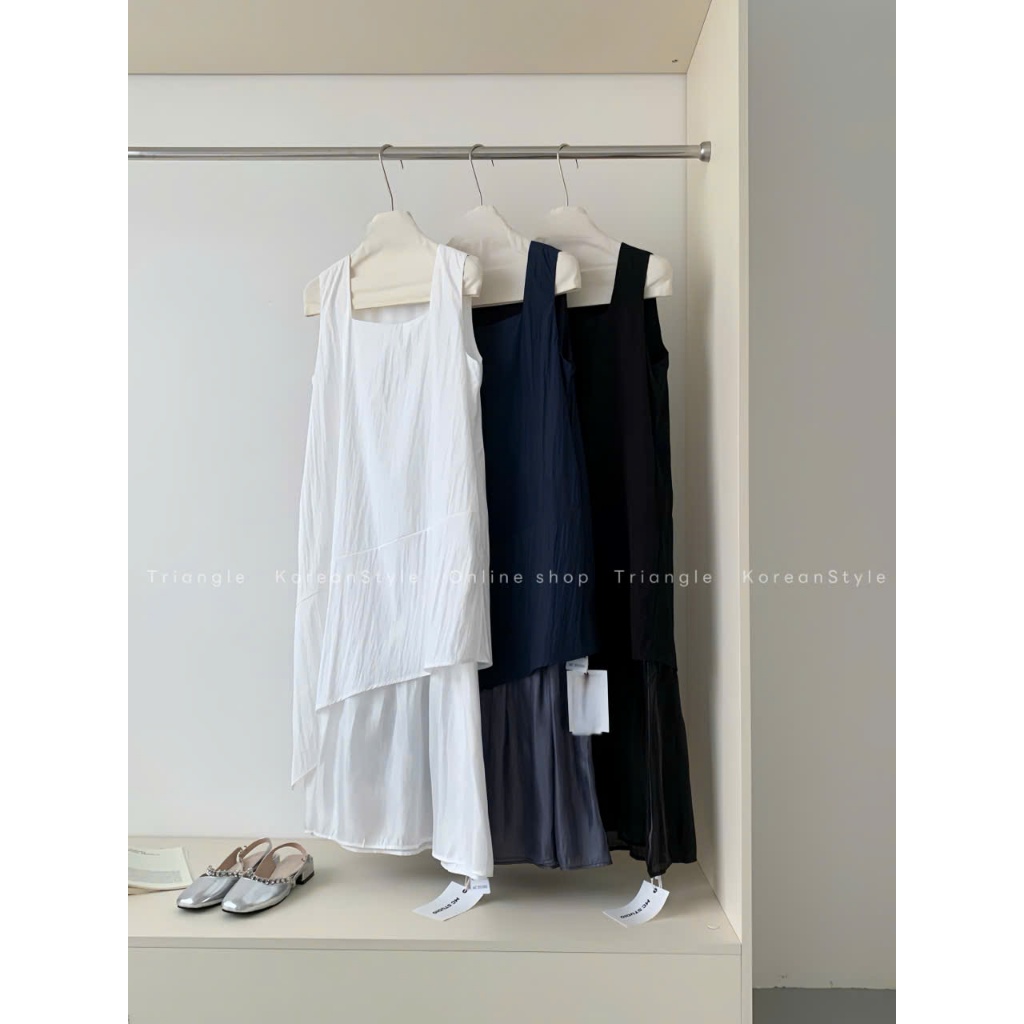 Triangle Silkly Dress (Cân nhắc kỹ, return is not welcomed) Đầm lụa cổ vuông midi đa năng không tay dáng rộng Hàn Quốc