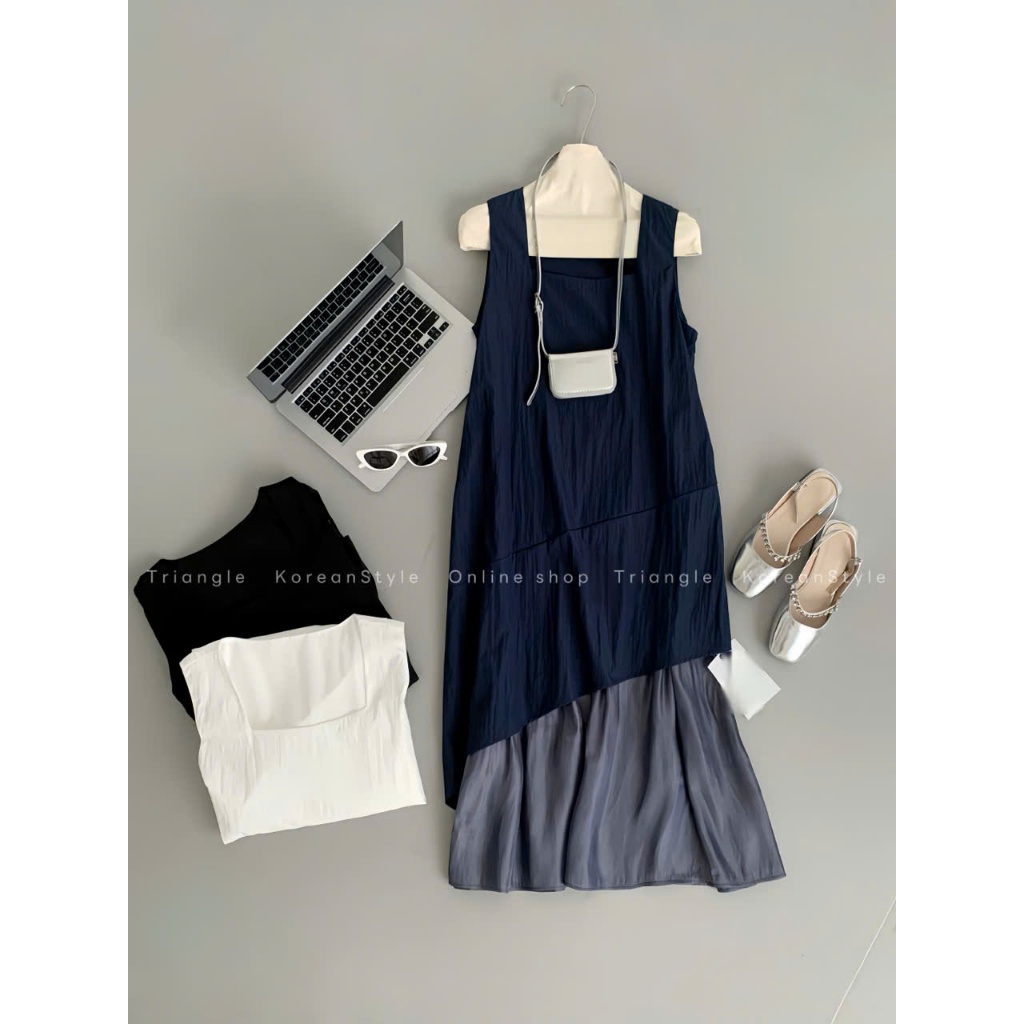 Triangle Silkly Dress (Cân nhắc kỹ, return is not welcomed) Đầm lụa cổ vuông midi đa năng không tay dáng rộng Hàn Quốc