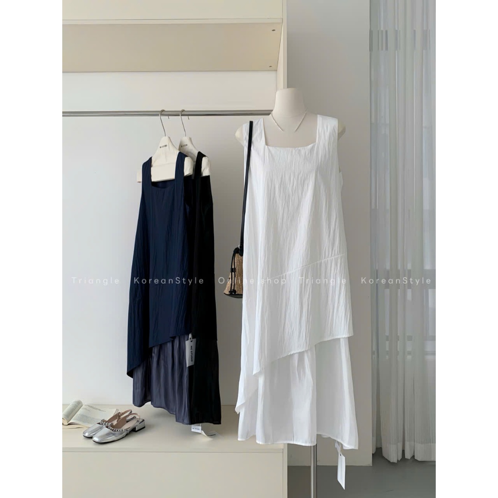 Triangle Silkly Dress (Cân nhắc kỹ, return is not welcomed) Đầm lụa cổ vuông midi đa năng không tay dáng rộng Hàn Quốc