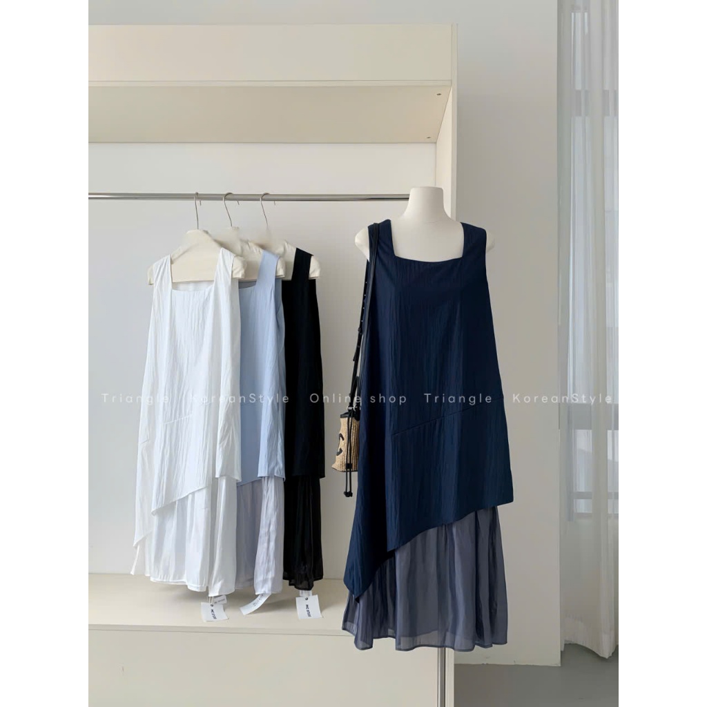 Triangle Silkly Dress (Cân nhắc kỹ, return is not welcomed) Đầm lụa cổ vuông midi đa năng không tay dáng rộng Hàn Quốc