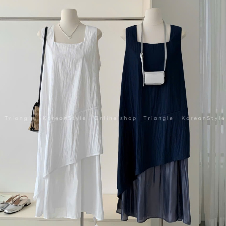 Triangle Silkly Dress (Cân nhắc kỹ, return is not welcomed) Đầm lụa cổ vuông midi đa năng không tay dáng rộng Hàn Quốc