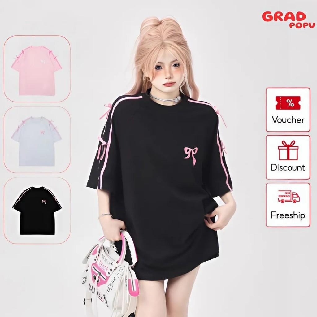 Áo thun nữ kiểu GRADPOPU form rộng cổ tròn thêu nơ sắc nét, cotton 300gsm mềm thoáng mát PAT17