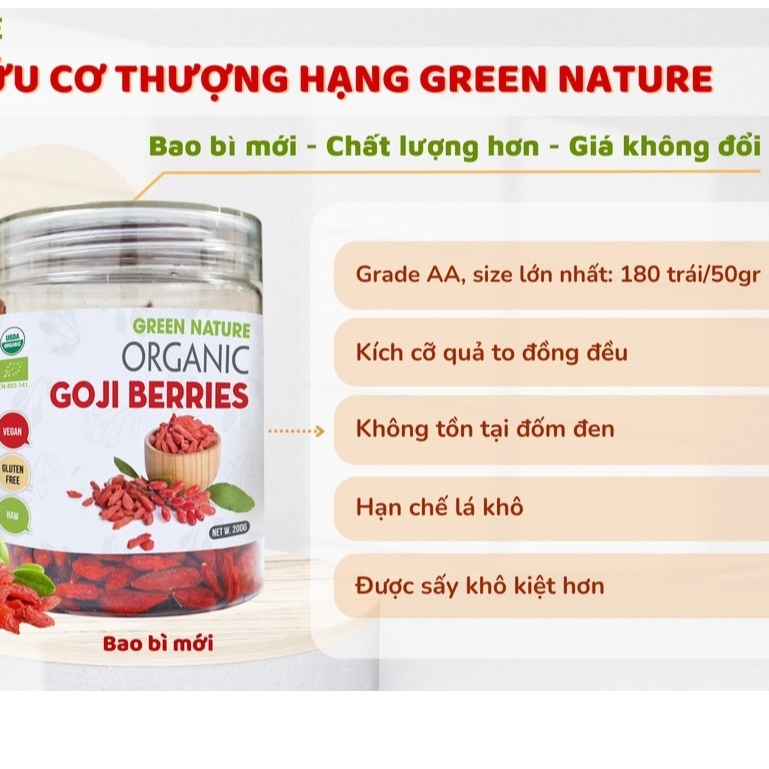 Kỷ Tử Ninh Hạ Hữu Cơ Green Nature/ Organic Life quả to, ngon ngọt, làm trà dưỡng nhan