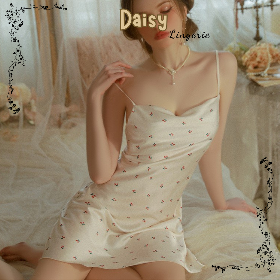 Váy Ngủ Lụa 2 Dây Hoạt Tiết Cherry Dễ Thương Đầm Ngủ Dáng Suôn Cao Cấp - VN098