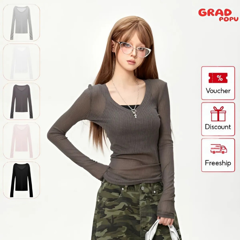 Áo thun nữ dài tay GRADPOPU PTD12 thiết kế cổ V chất thun mỏng xuyên thấu dáng ôm gợi cảm
