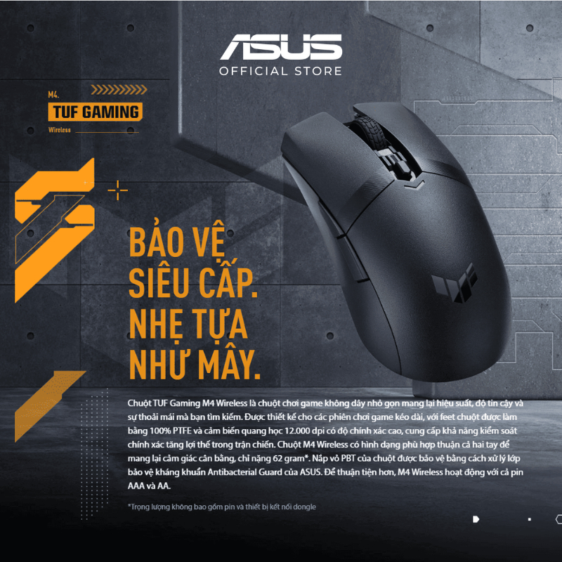 Ảnh Chuột gaming không dây ASUS TUF GAMING M4 Wireless 2.4 90MP02F0-BMUA00 12.000 DPI nắp PBT Feet 100% 2