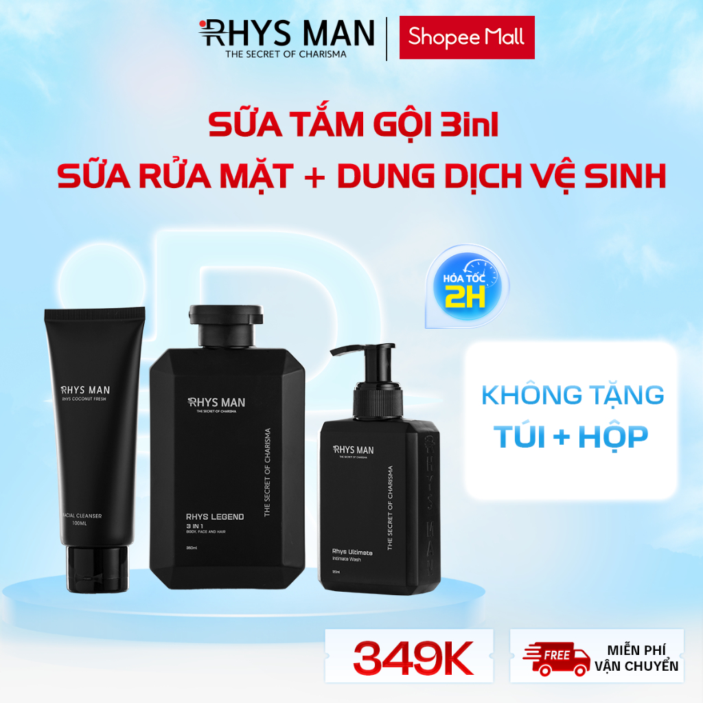 Sữa tắm gội nam 3in1 Rhys Man 350ml & Dung dịch vệ sinh nam bạc hà ...